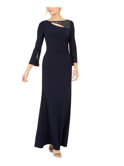 VINCE CAMUTO Womens Navy Stretch Embellished Zippered Bell Sleeve Boat Neck Full-Length Evening Sheath Dress 6