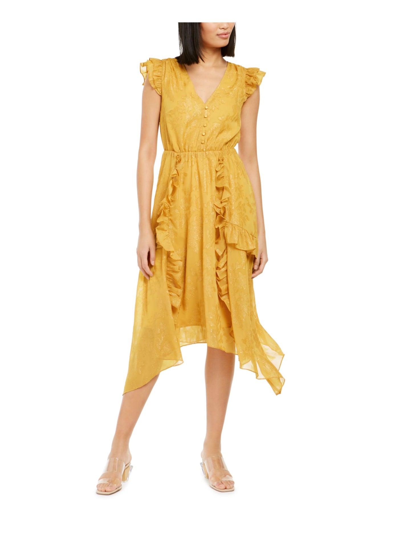 INC Womens Yellow Ruffled Floral Cap Sleeve V Neck Tea-Length Hi-Lo Dress XS