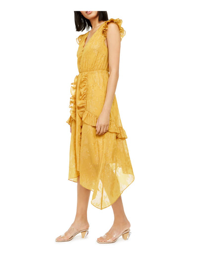 INC Womens Yellow Ruffled Floral Cap Sleeve V Neck Tea-Length Hi-Lo Dress XS