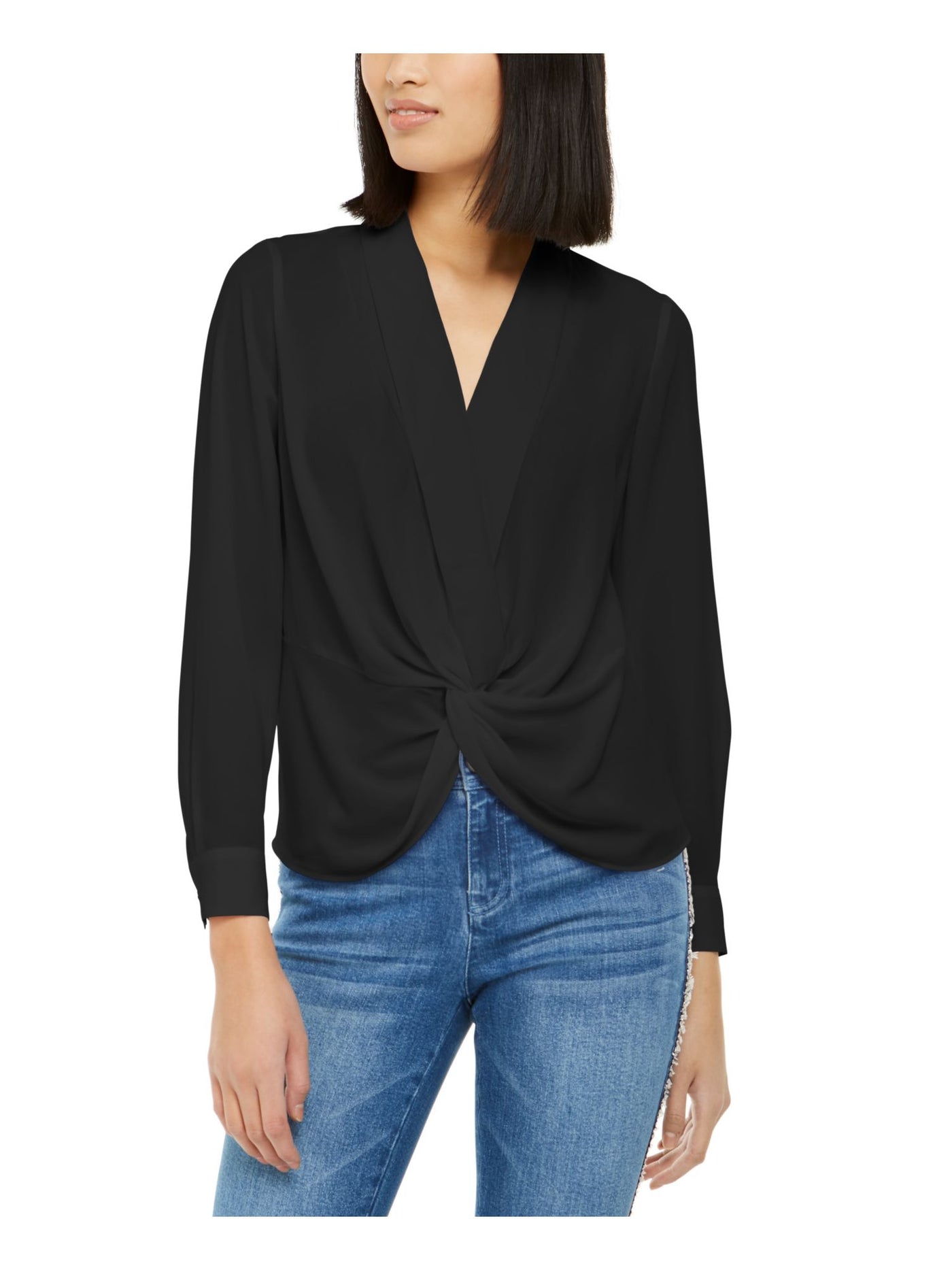 INC Womens Black Gathered Front Long Sleeve Collared Top XS