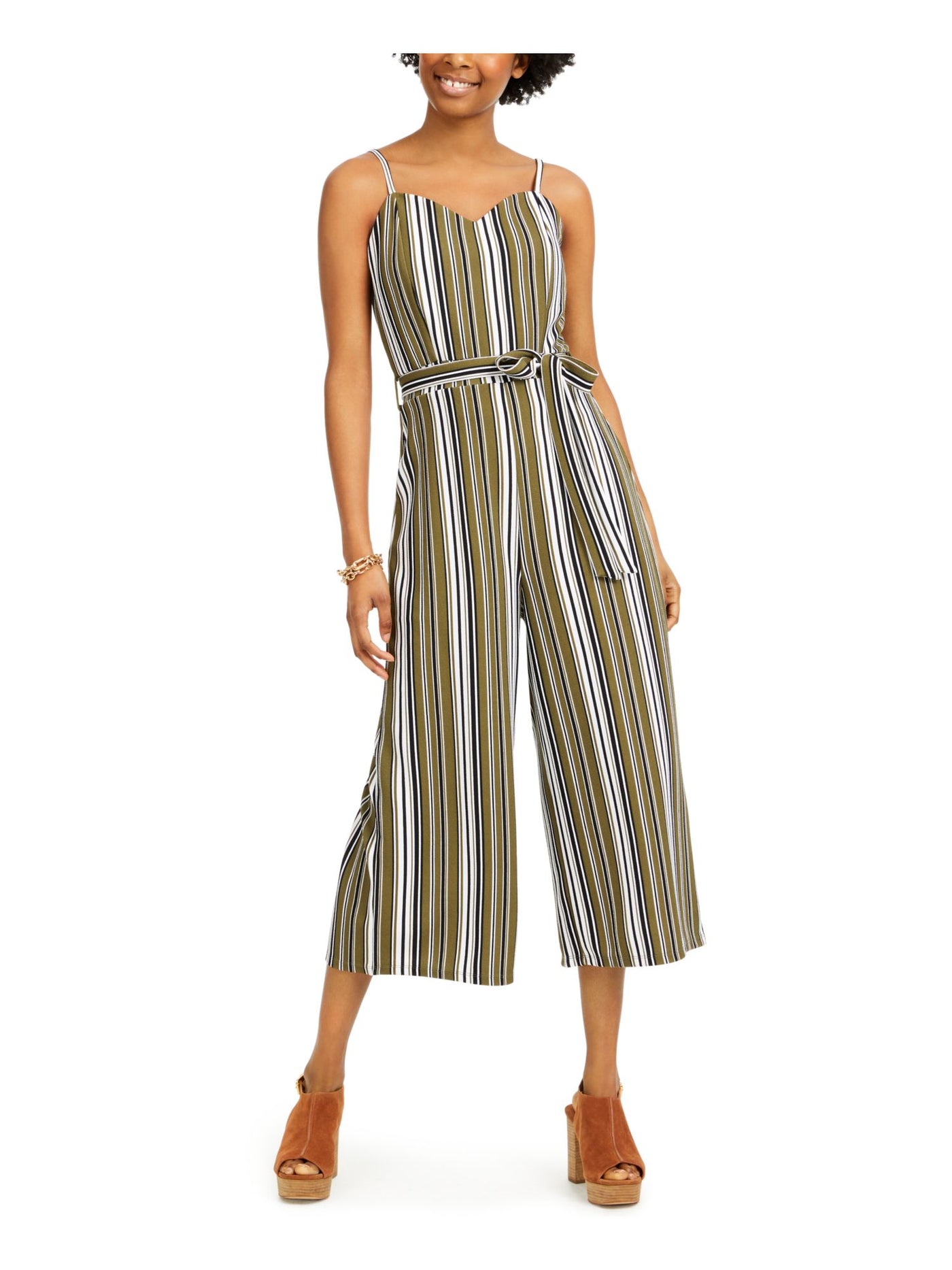 ALMOST FAMOUS Womens Green Belted Striped Spaghetti Strap Sweetheart Neckline Wide Leg Jumpsuit S