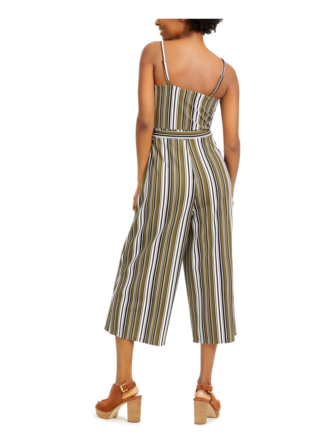 ALMOST FAMOUS Womens Green Belted Striped Spaghetti Strap Sweetheart Neckline Wide Leg Jumpsuit S