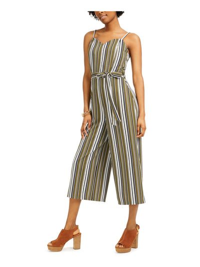 ALMOST FAMOUS Womens Green Belted Striped Spaghetti Strap Sweetheart Neckline Wide Leg Jumpsuit S