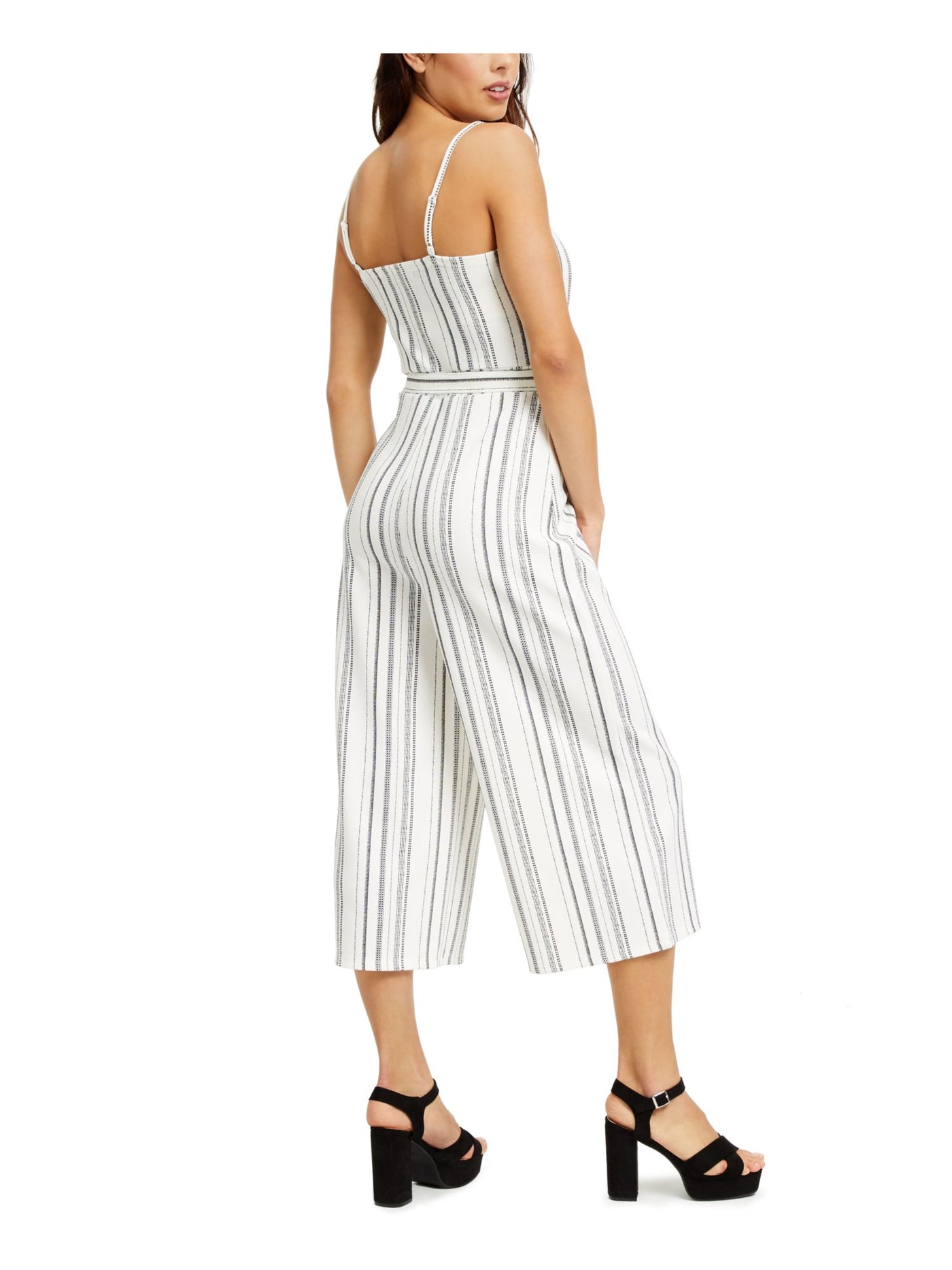 CRAVE FAME Womens Ivory Belted Striped Spaghetti Strap Sweetheart Neckline Wide Leg Jumpsuit XS