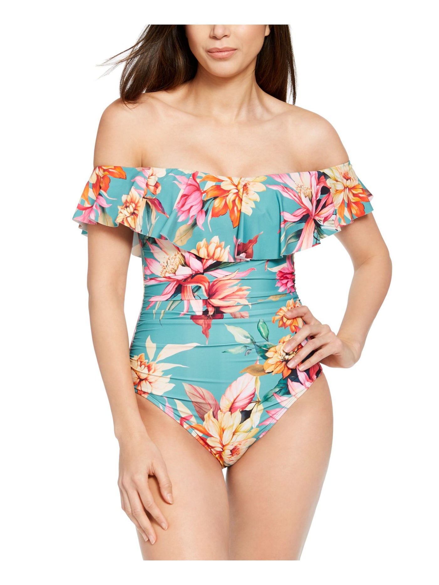 LA BLANCA Women's Green Floral Stretch Lined Lace-up Back Ruched Ruffled Molded Cup Garden Off The Shoulder One Piece Swimsuit 2