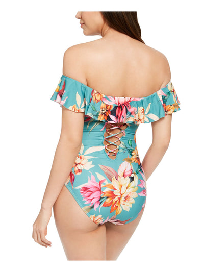 LA BLANCA Women's Green Floral Stretch Lined Lace-up Back Ruched Ruffled Molded Cup Garden Off The Shoulder One Piece Swimsuit 2