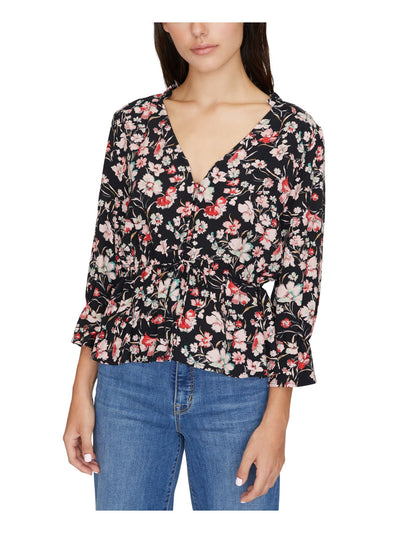 SANCTUARY Womens Black Floral Long Sleeve V Neck Top XXS