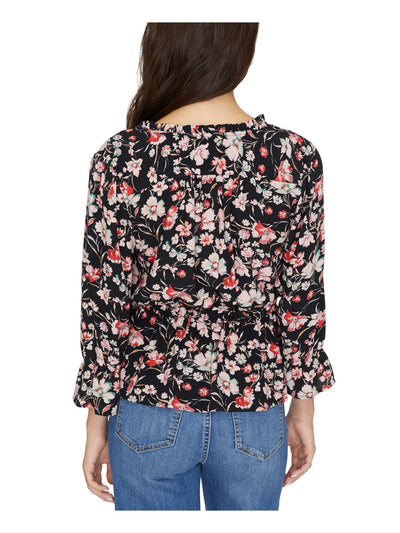 SANCTUARY Womens Black Floral Long Sleeve V Neck Top XXS