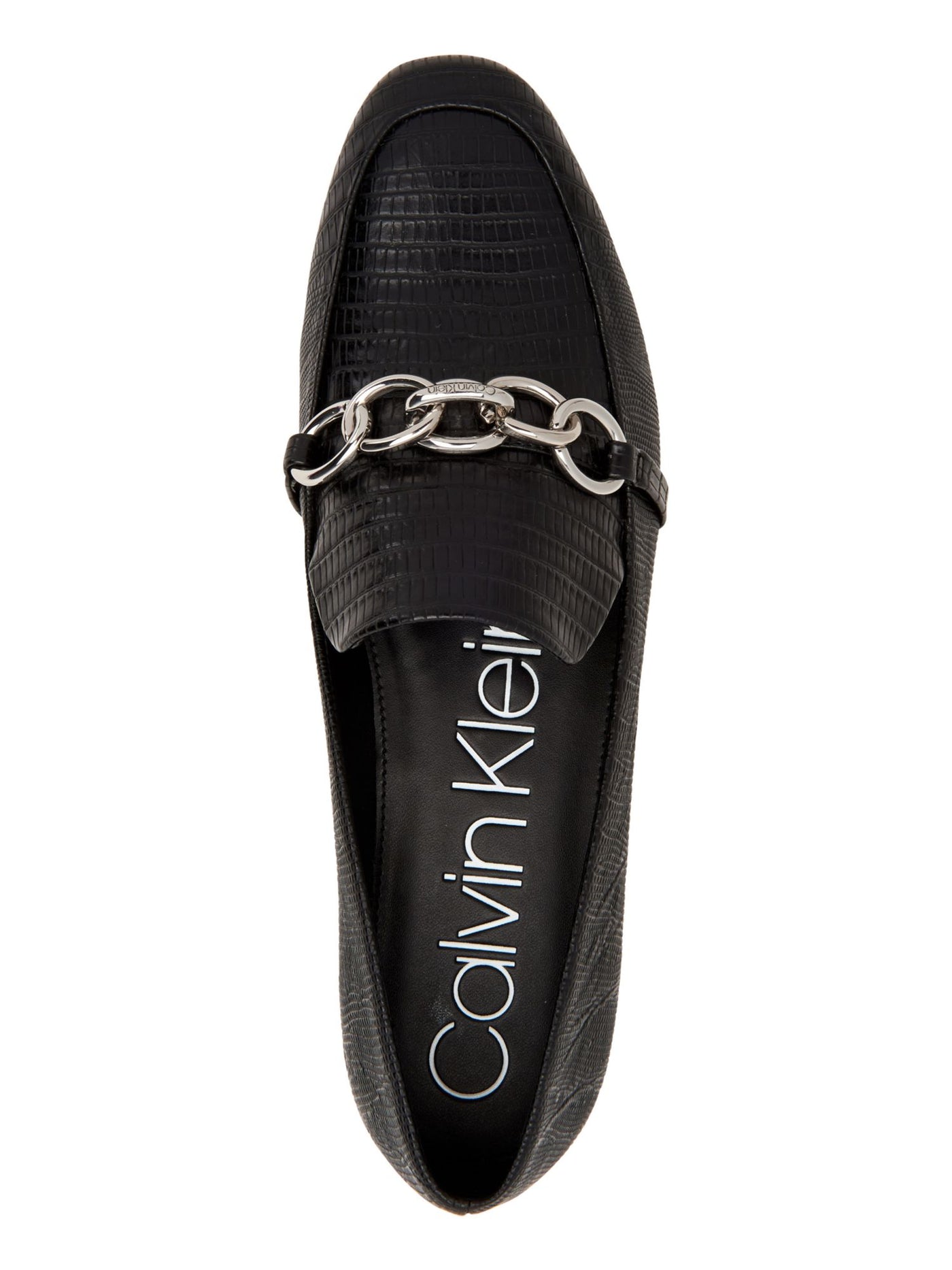 CALVIN KLEIN Womens Black Lizard Print Chain Link Accent Comfort Logo Banda Almond Toe Wedge Slip On Loafers Shoes 9 M