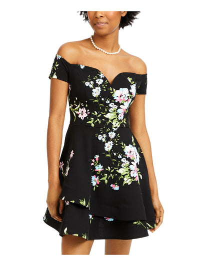 B DARLIN Womens Black Floral Off Shoulder Above The Knee Fit + Flare Dress 0