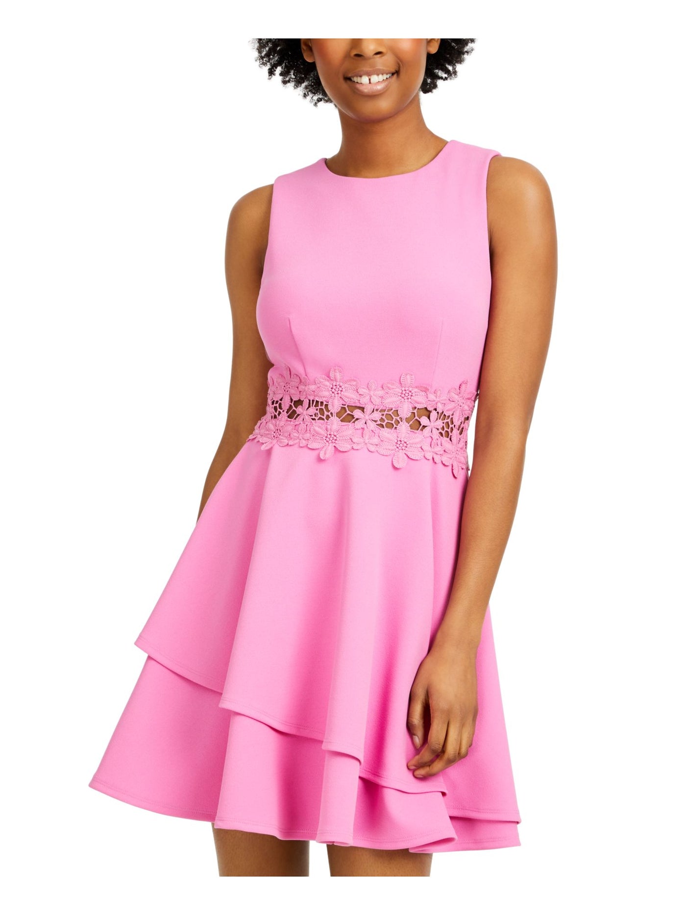 B DARLIN Womens Pink Stretch Ruffled Zippered Floral Lace Illusion Waist Sleeveless Crew Neck Short Party Fit + Flare Dress 9\10