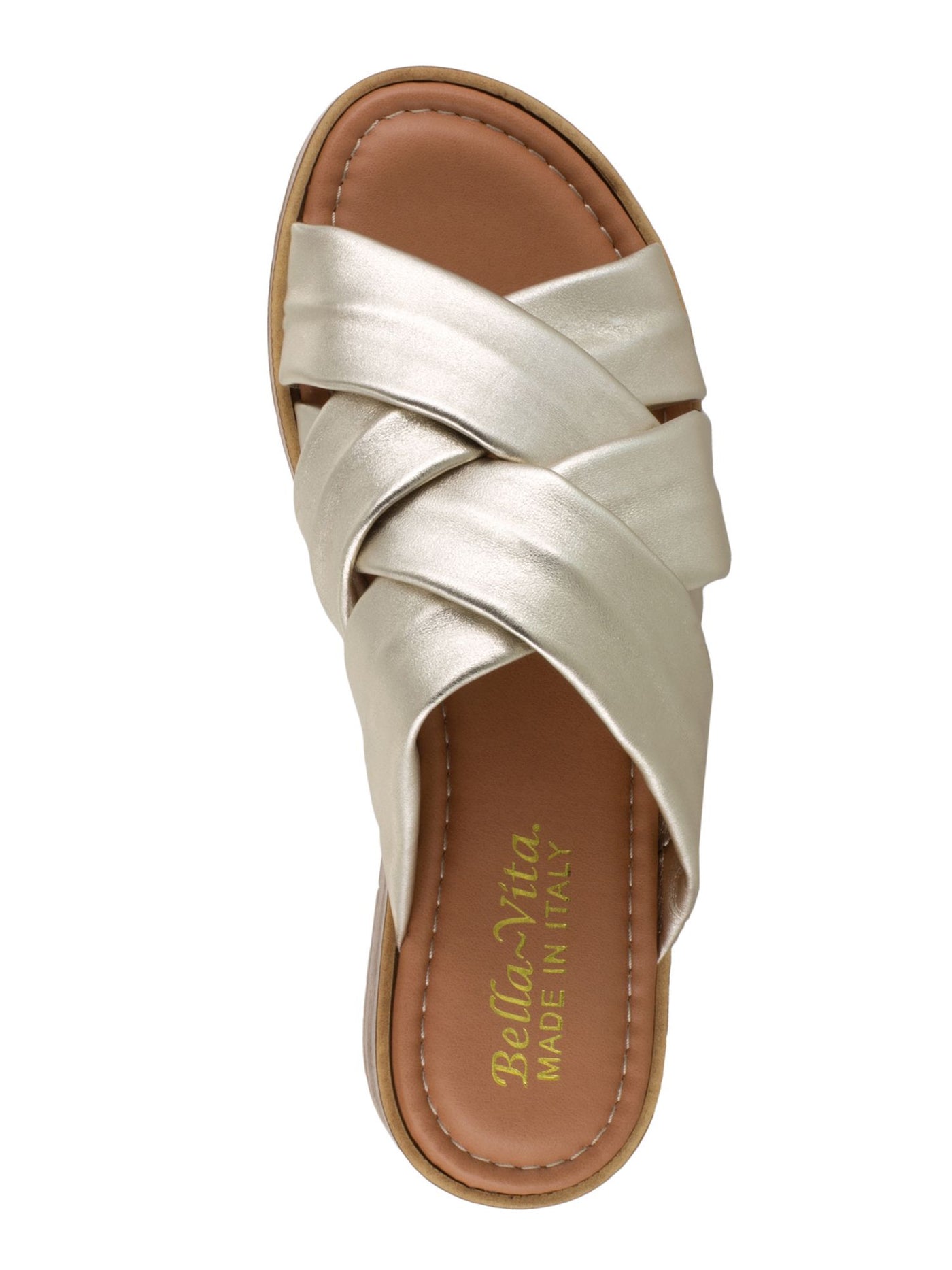 BELLA VITA Womens Gold 1/2" Platform Crisscross Straps Padded Strappy Tor-italy Round Toe Wedge Slip On Leather Slide Sandals 7.5 W