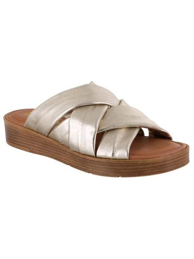 BELLA VITA Womens Gold 1/2" Platform Crisscross Straps Padded Strappy Tor-italy Round Toe Wedge Slip On Leather Slide Sandals 7.5 W