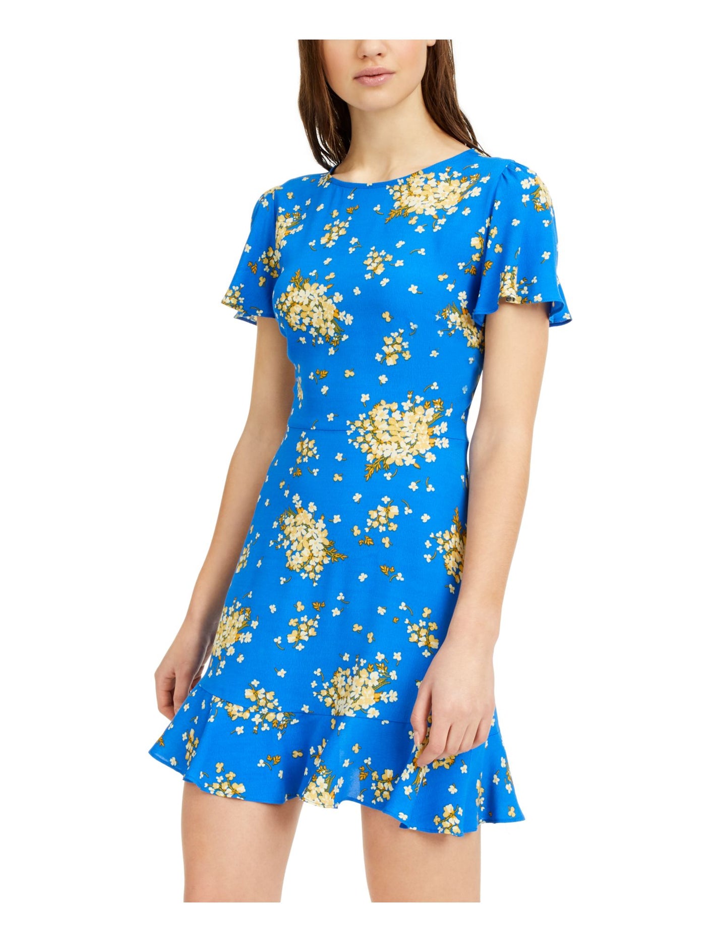 B DARLIN Womens Blue Floral Cap Sleeve Jewel Neck Short Fit + Flare Dress 5\6