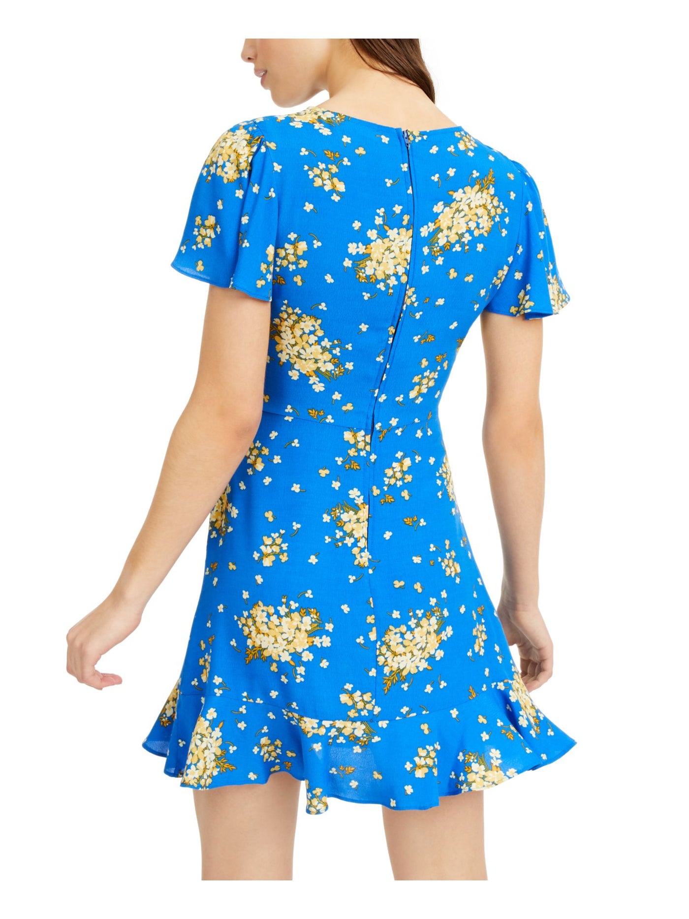 B DARLIN Womens Blue Floral Cap Sleeve Jewel Neck Short Fit + Flare Dress 1\2