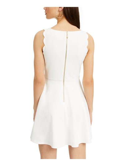 CITY STUDIO Womens White Stretch Zippered Scalloped Detail Sleeveless Jewel Neck Mini Fit + Flare Dress Juniors 0