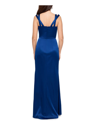 XSCAPE Womens Blue Slitted Double-strap Satin Sweetheart Neckline Full-Length Evening Dress 12