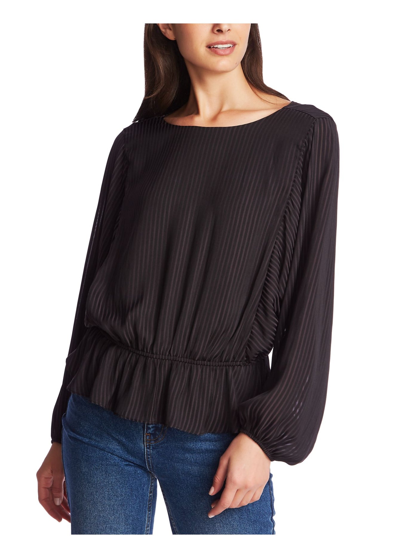 1. STATE Womens Black Striped Long Sleeve Crew Neck Blouse XXS