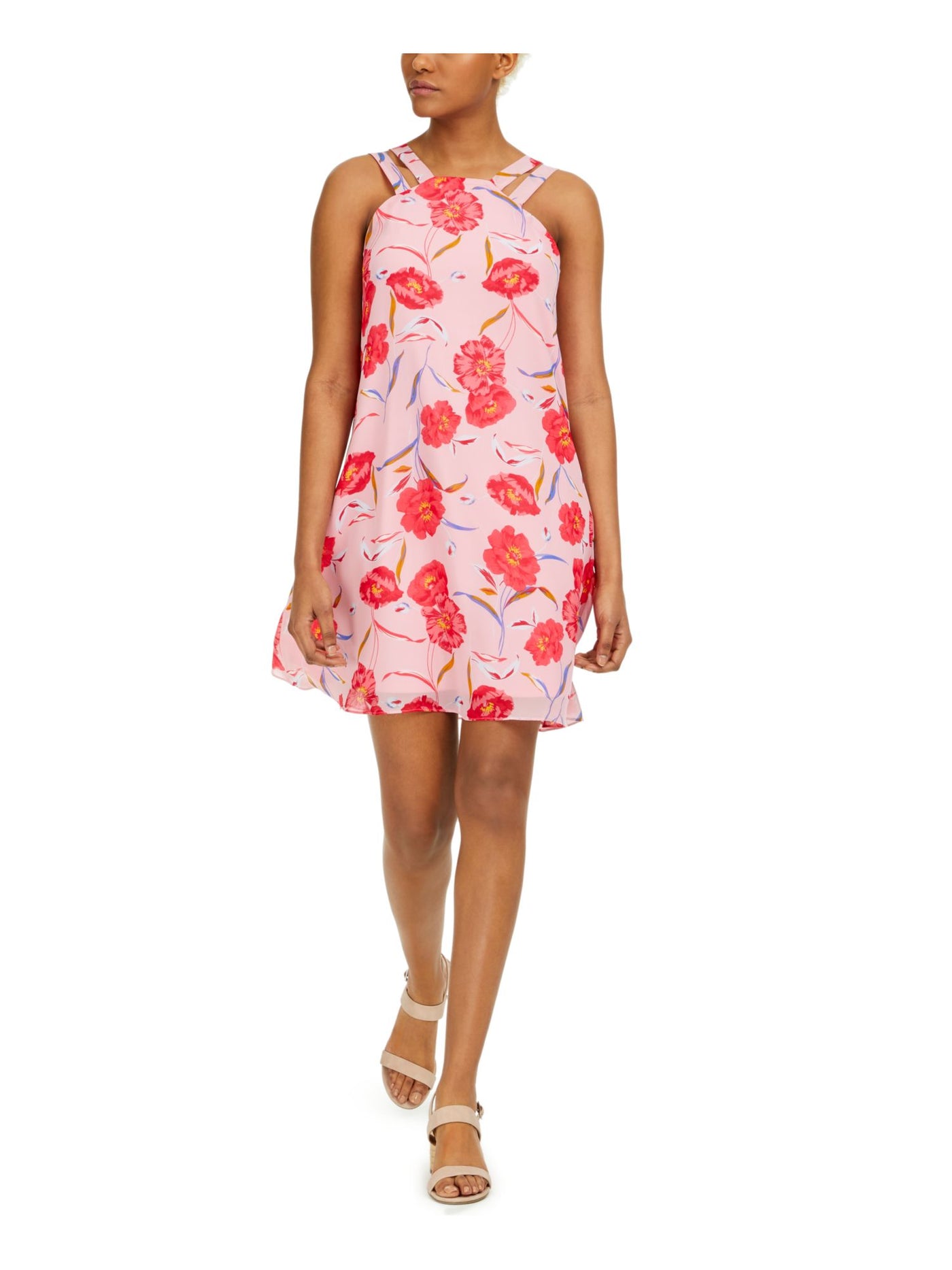 BAR III DRESSES Womens Pink Sheer Lined Floral Sleeveless Square Neck Mini Evening Shift Dress S