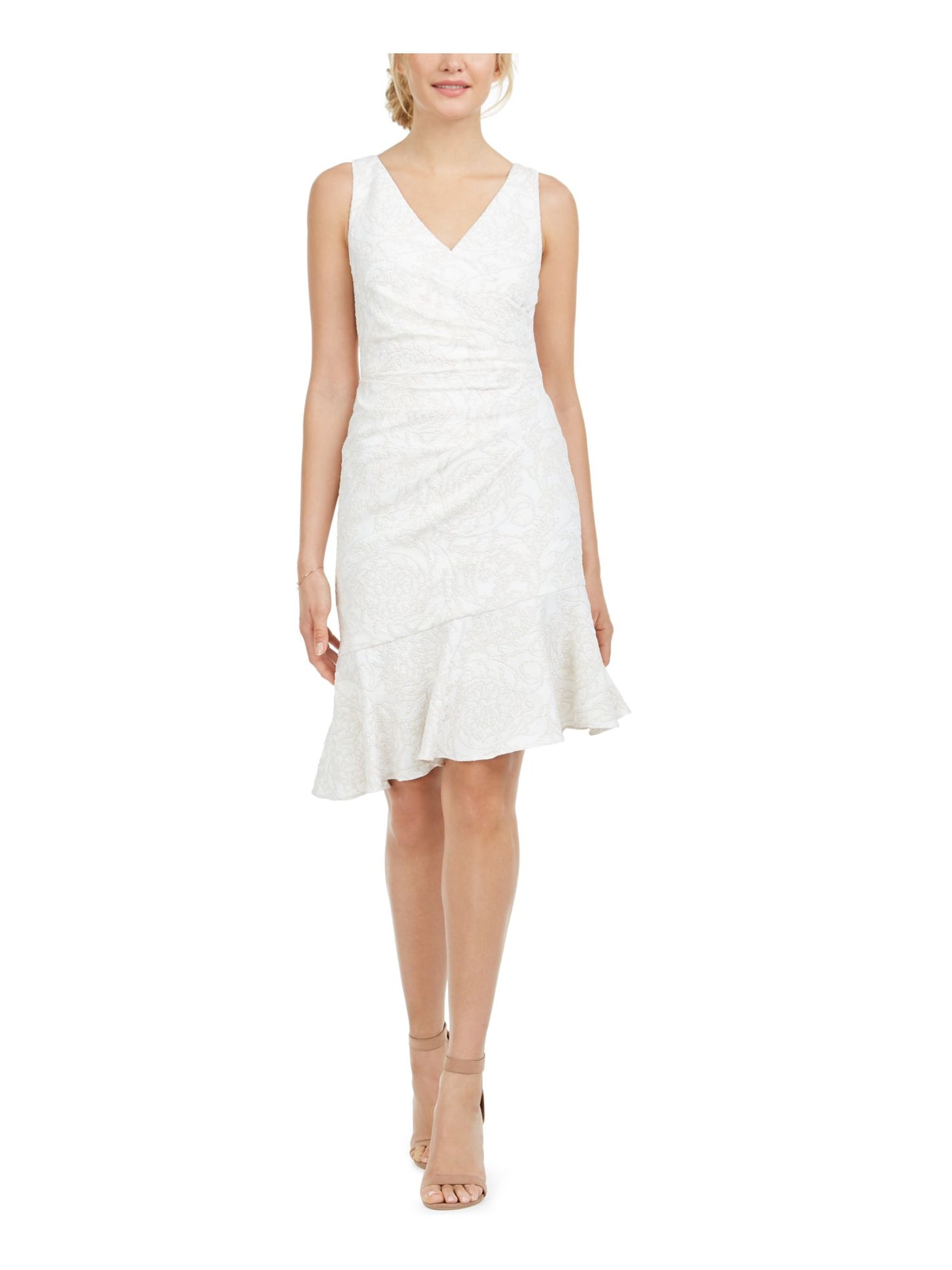 ADRIANNA PAPELL Womens Ivory Ruched Flounce Sleeveless Surplice Neckline Short Formal Dress 8