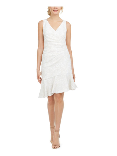 ADRIANNA PAPELL Womens Ivory Ruched Flounce Sleeveless Surplice Neckline Short Formal Dress 8