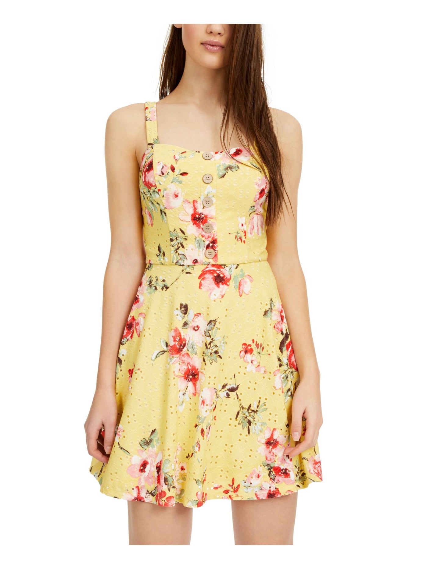 BCX DRESS Womens Yellow Eyelet Fitted Faux Buttons Floral Sleeveless Sweetheart Neckline Mini Party Fit + Flare Dress XXS