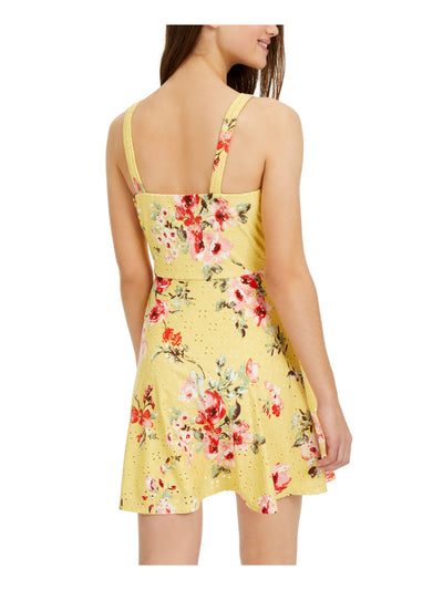 BCX DRESS Womens Yellow Eyelet Fitted Faux Buttons Floral Sleeveless Sweetheart Neckline Mini Party Fit + Flare Dress XXS