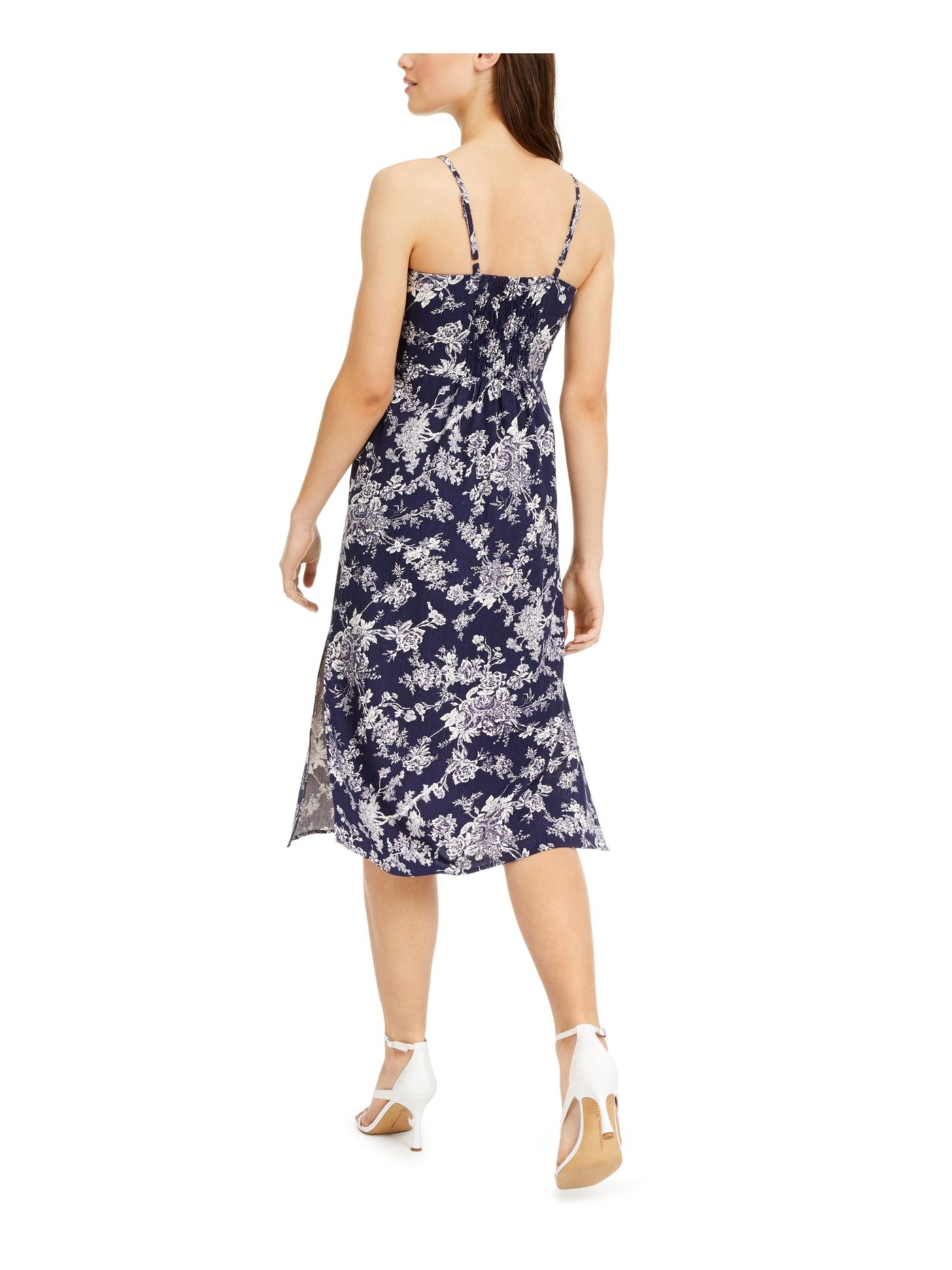 SPEECHLESS Womens Navy Floral Spaghetti Strap Sweetheart Neckline Below The Knee Fit + Flare Dress S