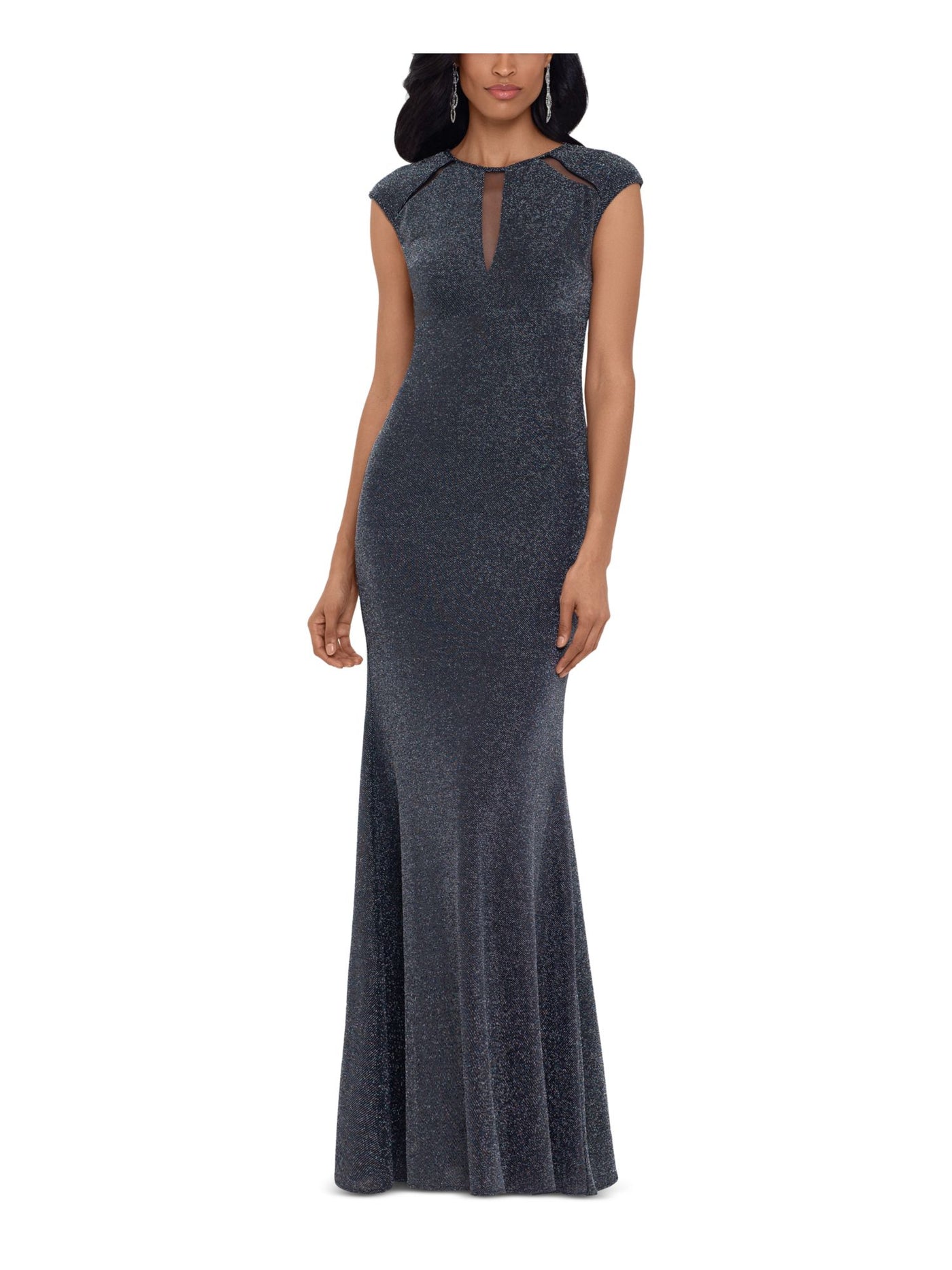 B&A  BY BETSY & ADAM Womens Silver Glitter Cap Sleeve Keyhole Full-Length Evening Empire Waist Dress 4