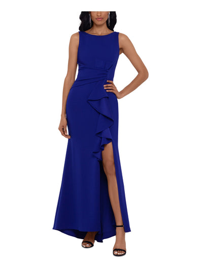 BETSY & ADAM Womens Ruffled Slitted Oversized  Ruffle Sleeveless Jewel Neck Full-Length Evening Sheath Dress