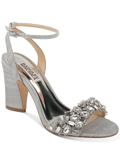 BADGLEY MISCHKA Womens Silver Stone Accent On Vamp Gem Accent Comfort Jill Round Toe Block Heel Buckle Dress Sandals 7.5 M