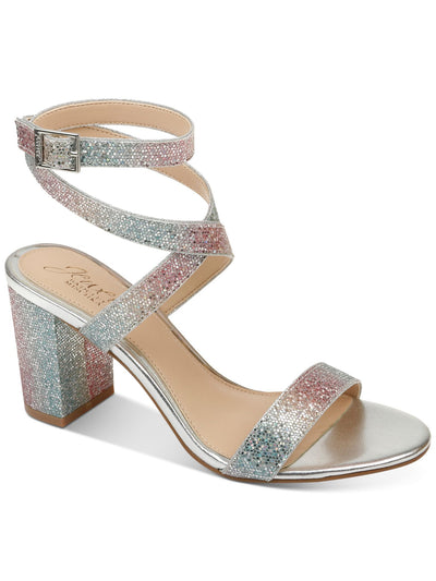 JEWEL BADGLEY MISCHKA Womens Rainbow Silver Iridescent Adjustable Ankle Strap Glitter Padded Newberry Round Toe Block Heel Buckle Dress Sandals Shoes 6