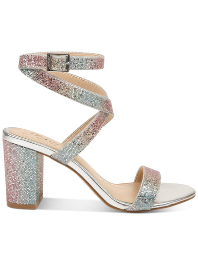 JEWEL BADGLEY MISCHKA Womens Rainbow Silver Iridescent Adjustable Ankle Strap Glitter Padded Newberry Round Toe Block Heel Buckle Dress Sandals Shoes 6