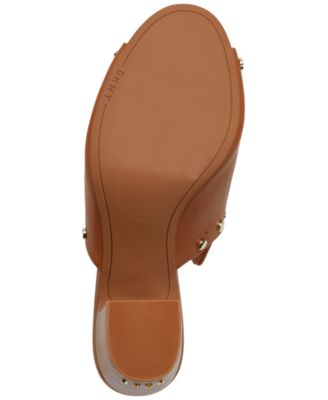 DKNY Womens Beige Extended Vamps Logo Heel Accent Cushioned Studded Hester Peep Toe Block Heel Slip On Leather Mules M