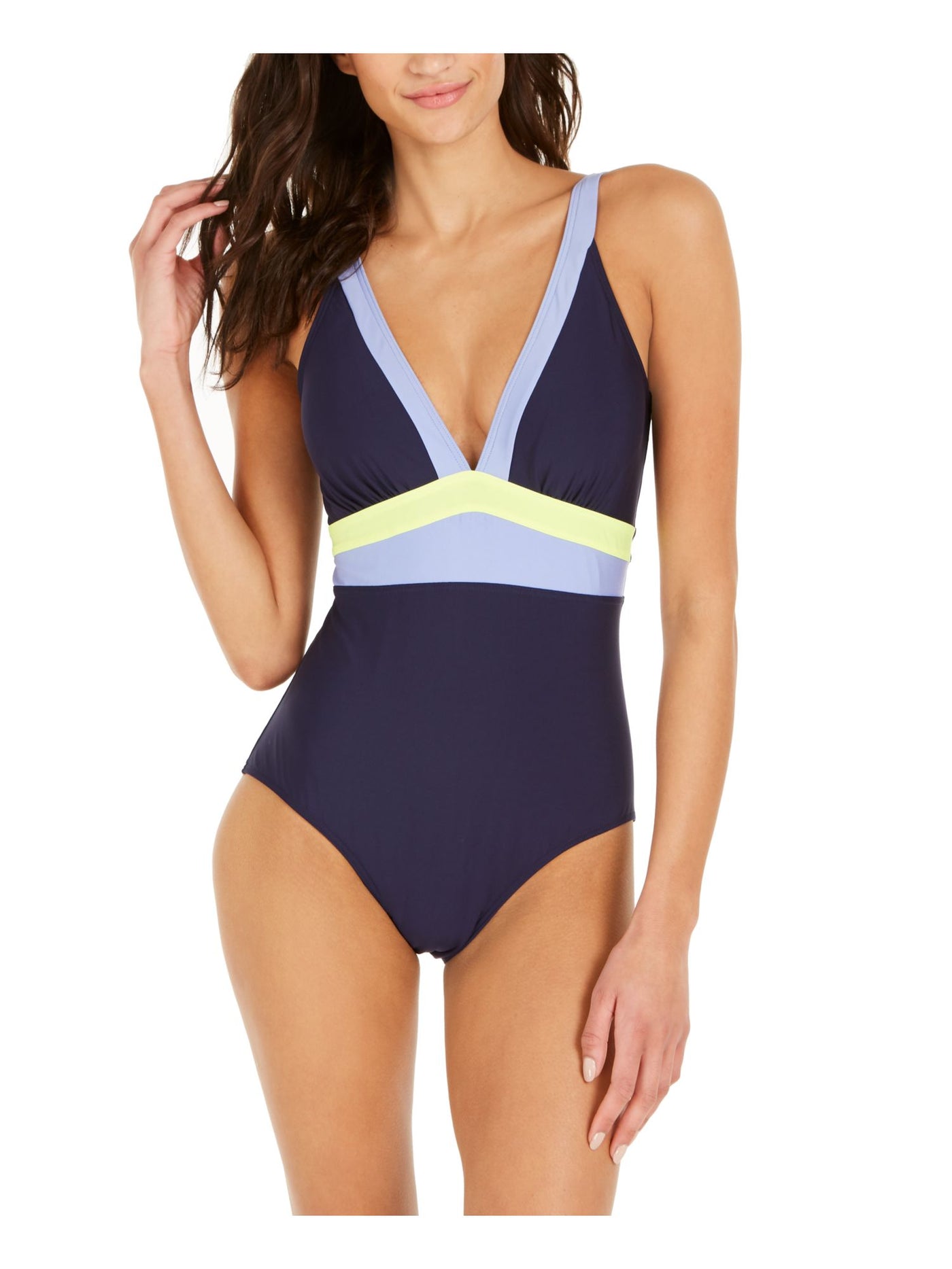 DKNY Women's Navy Color Block Tummy Control Removable Cups Lined Deep V Neck Moderate Coverage One Piece Swimsuit 18