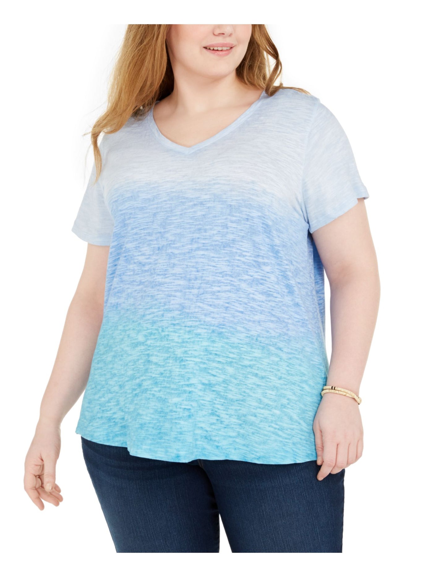 STYLE & COMPANY Womens Blue Ombre Short Sleeve T-Shirt Petites PM