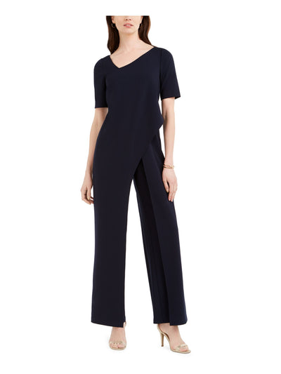 ADRIANNA PAPELL Womens Stretch Zippered Draped Short Sleeve Asymmetrical Neckline Evening Wide Leg Jumpsuit