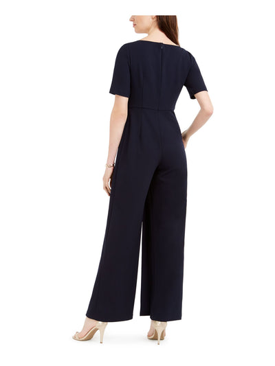 ADRIANNA PAPELL Womens Navy Short Sleeve Asymmetrical Neckline Evening Wide Leg Jumpsuit 2