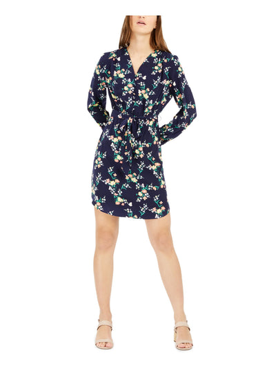 MAISON JULES Womens Navy Floral Long Sleeve V Neck Short Sheath Dress M