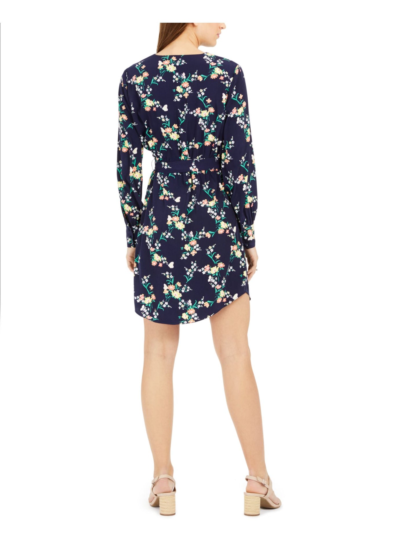 MAISON JULES Womens Navy Floral Long Sleeve V Neck Short Sheath Dress M