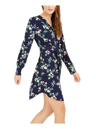MAISON JULES Womens Navy Floral Long Sleeve V Neck Short Sheath Dress M