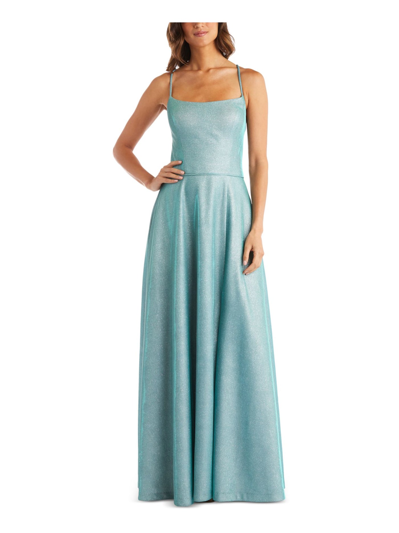 MORGAN & CO Womens Turquoise Glitter Ribbed Patterned Spaghetti Strap Square Neck Full-Length Formal Fit + Flare Dress 3