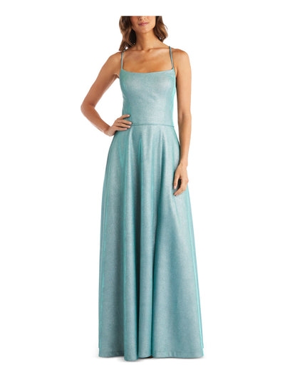 MORGAN & CO Womens Turquoise Glitter Ribbed Patterned Spaghetti Strap Square Neck Full-Length Formal Fit + Flare Dress 3