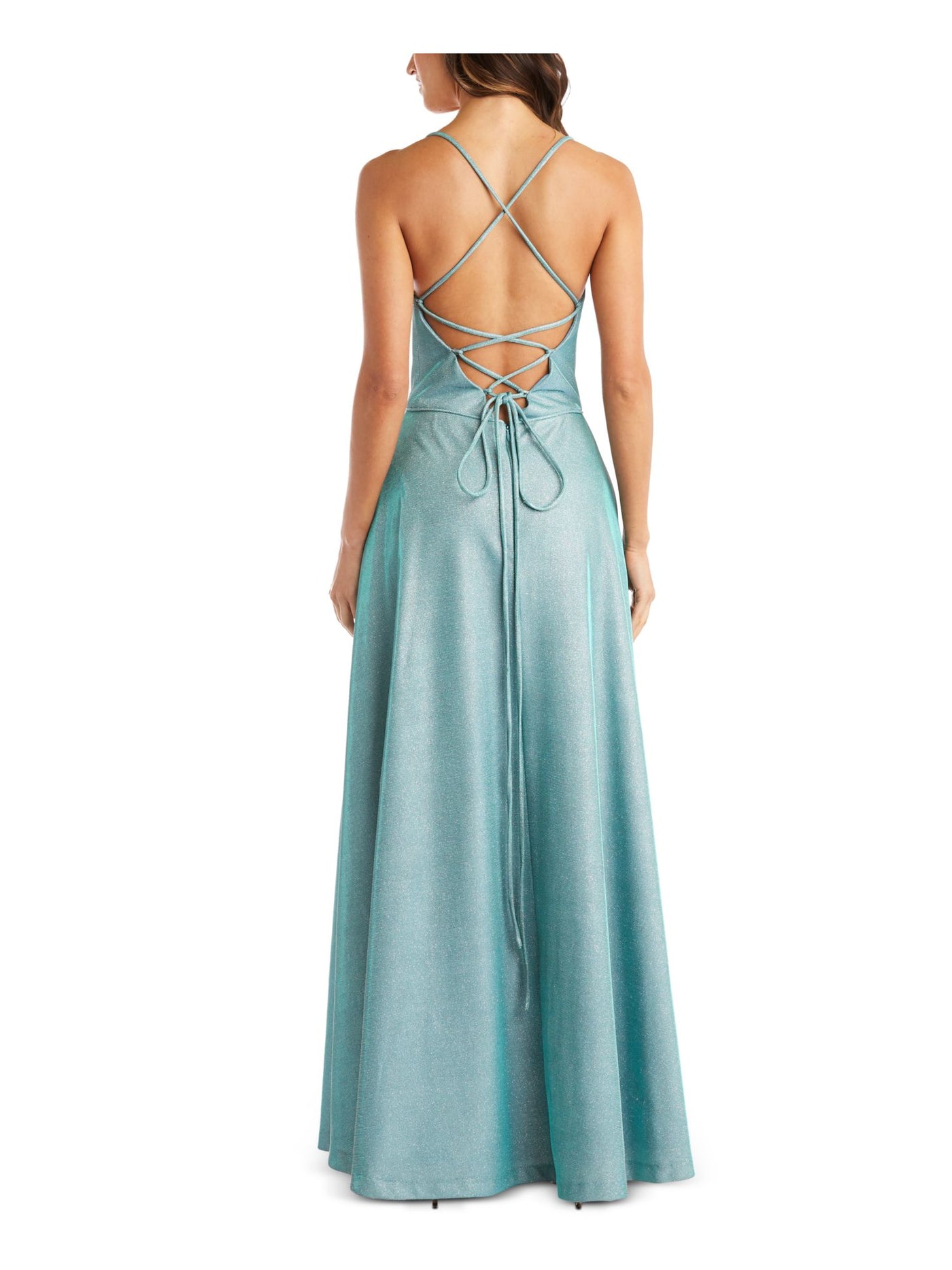 MORGAN & CO Womens Turquoise Glitter Ribbed Patterned Spaghetti Strap Square Neck Full-Length Formal Fit + Flare Dress 3