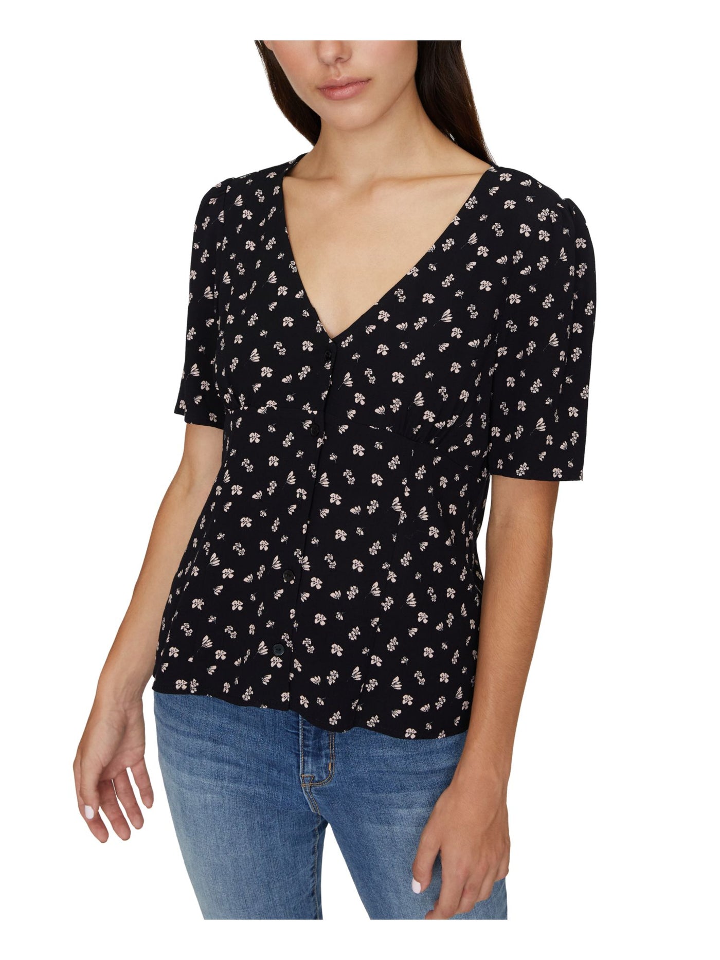 SANCTUARY Womens Black Floral Short Sleeve V Neck Top S