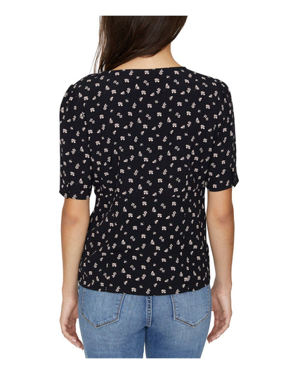 SANCTUARY Womens Black Floral Short Sleeve V Neck Top S