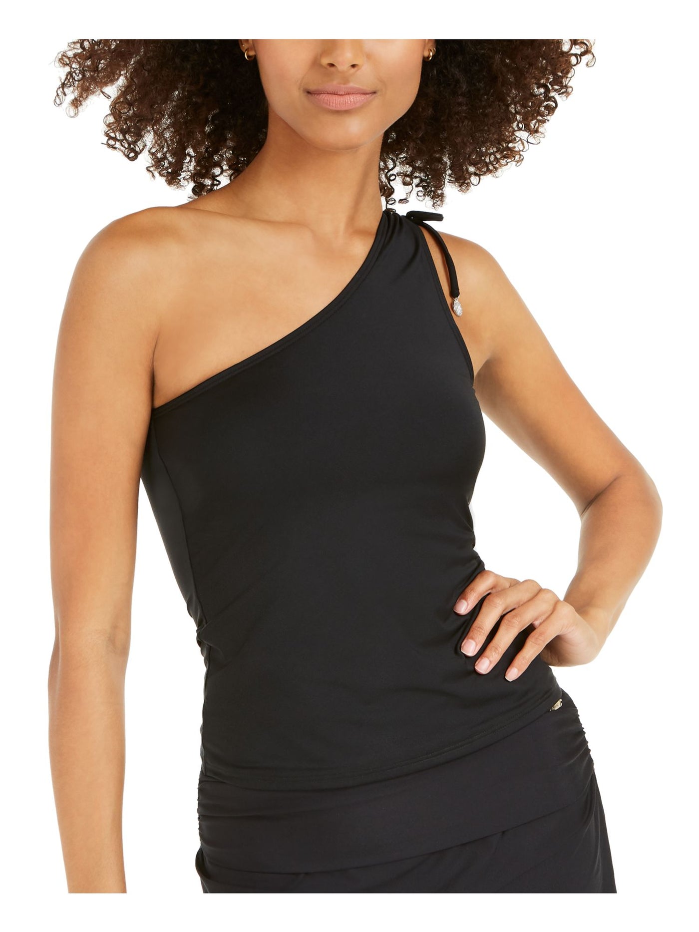 DKNY Women's Black Stretch REMOVABLE CUPS Tie UV Protection One Shoulder Tankini Swimsuit Top XS