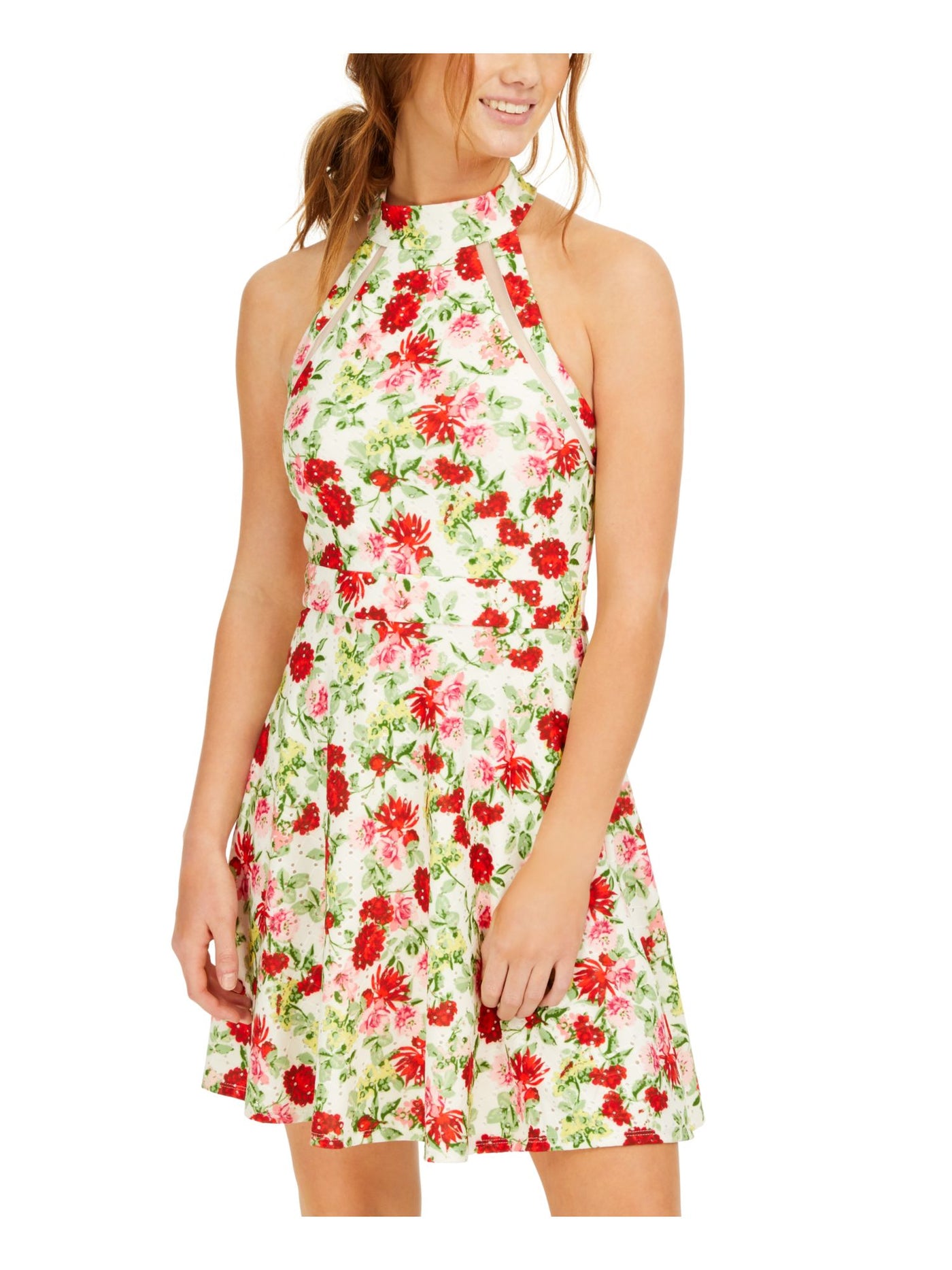 TEEZE ME Womens White Floral Sleeveless Halter Short Fit + Flare Dress 0