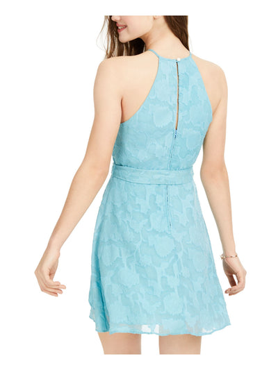 TEEZE ME Womens Turquoise Embroidered Textured Belted Sleeveless Halter Short Fit + Flare Dress 1\2