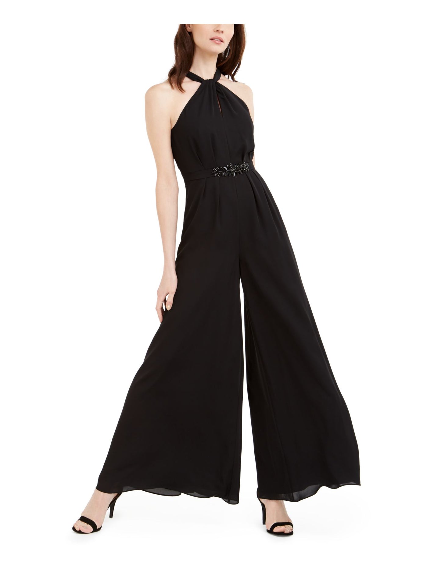 CALVIN KLEIN Womens Black Embellished Sheer Lined Sleeveless Halter Evening Wide Leg Jumpsuit 12